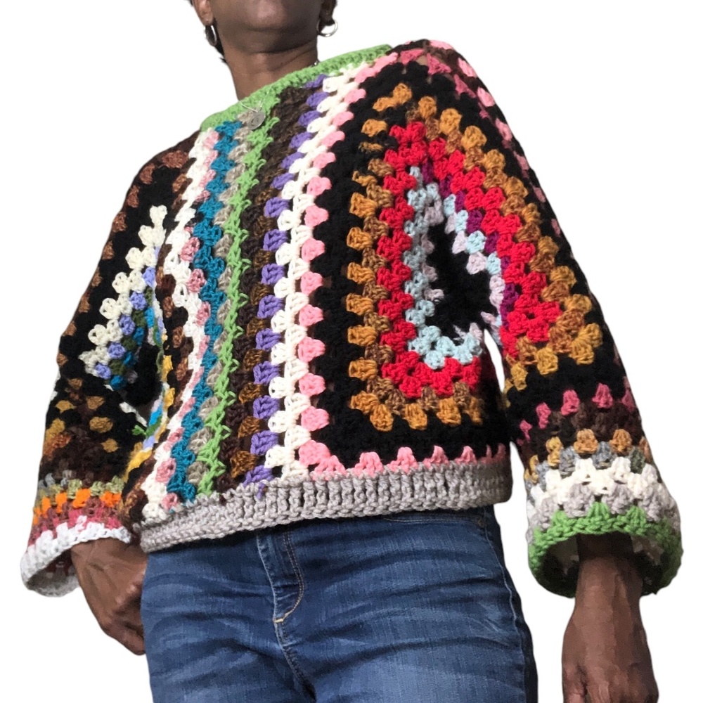 Multi-Color Artisan Cropped Pullover Bohemian Style Sweater - Picture 4 of 14
